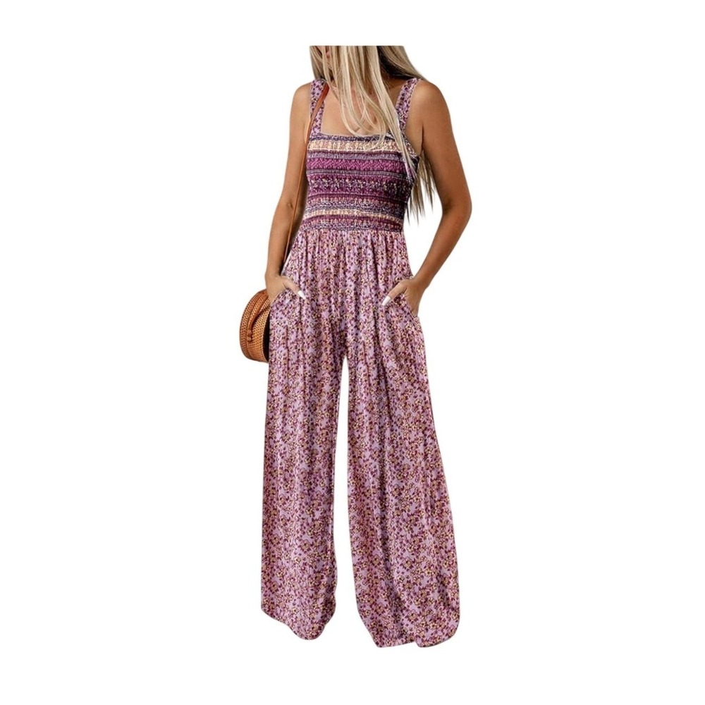 Dokotoo Floral Smocked Wide Leg Jumpsuit‎ Boho Square Neck Sleeveless Pockets